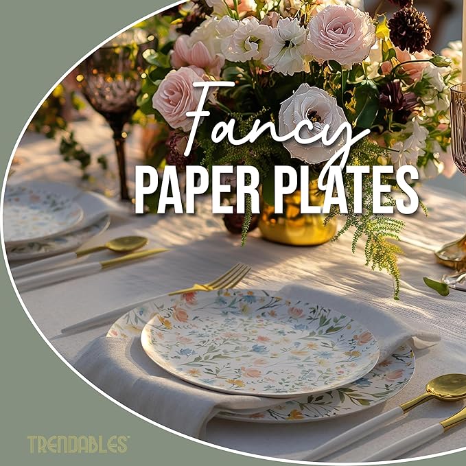 Trendables Heavy Duty Paper Plates Set For 32 Guests - 32 Each Of 8-inch And 10-inch Disposable Plates For Party - Fancy 64 Piece Dinnerware Set For All Occasions | Floral Design, Petite Fleur
