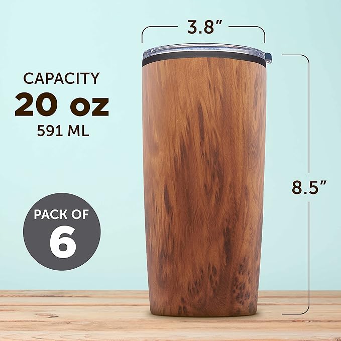 DISCOUNT PROMOS Plastic Tumblers 20 oz. Set of 6, Bulk Pack - With lids, Ice Coffee Tumbler, To Go Cup, Insulated - Wood