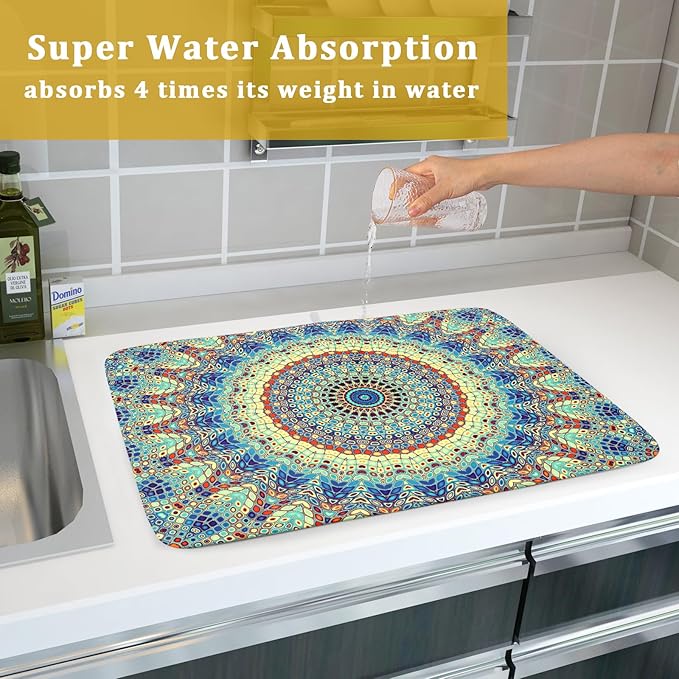 aportt Bohemian Drying Mats for Kitchen Counter 18×24 Inch Boho Mandala Ethnic Large Drying Mat for Dishes Microfiber Farmhouse Dish Rack Mat Drainer Pad Washable Absorbent Dry Mat