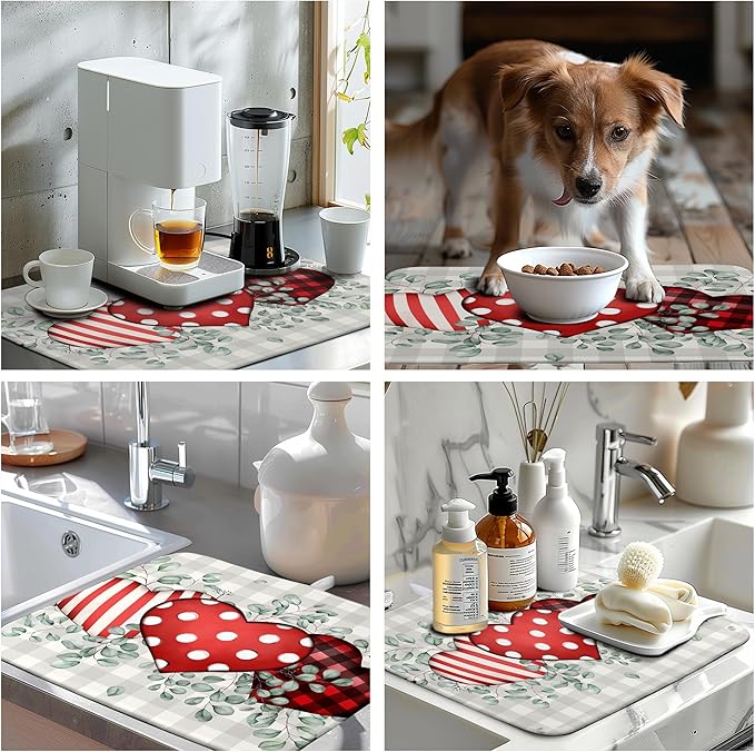 Valentines Day Dish Drying Mat Valentine Buffalo Plaid Eucalyptus Hearts Dishes Dryer Pad for Kitchen Countertops Microfiber 18x24 Inches