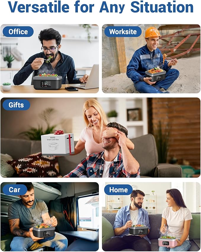 VASG Cordless Electric Lunch Box for Adults, 16000mAh Rechargeable Auto Heated Lunch Box, 1L Portable Self-Heating Food Warmer for Office, Picnic, Car & Outdoor Use