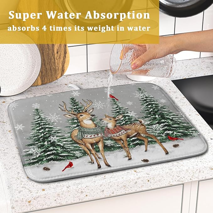 Winter Deer Dish Drying Mat Pine Tree Absorbent Dish Dry Pad Seasonal Microfiber Dish Drainer Mats for Kitchen Counter Coffee Bar 16x18 in