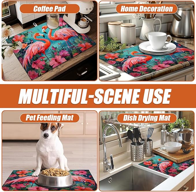 Tropical Flower Flamingo Dish Drying Mat for Kitchen Counter Microfiber Absorbent Dish Kitchen Drying Mat Draining Reusable Washable for Dishes/Utensils/Counterto