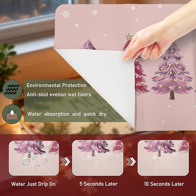 Pink Christmas Tree Dish Drying Mat, Winter Snowflake Xmas Tree Coffee Bar Mat for Countertops, Preppy Christmas Absorbent Dish Drying Mats for Kitchen Counter Coffee Maker, 16x24 Inch