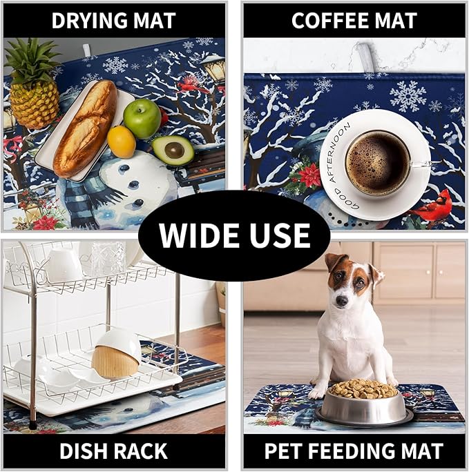 Winter Snowman Dish Drying Mat for Kitchen Counter 18x24, Xmas Snowflakes Dish Drainer Mat Snowy Night Drying Kitchen Mats Cardinal Birld Dish Pad Absorbent Reversible Coffee Mats for Dishes