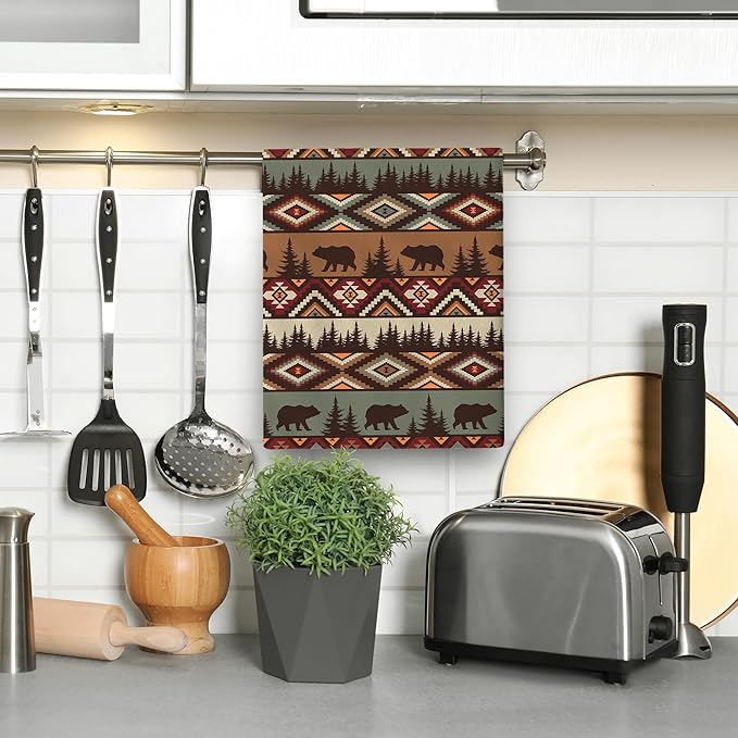 Vintage Rustic Dish Towels for Kitchen Drying Set of 2, Soft Absorbent Bear Mountain Kitchen Towels Tea Towels, Country Cabin Themed Hand Towels for Farmhouse Home Decorations 16x24 Inch