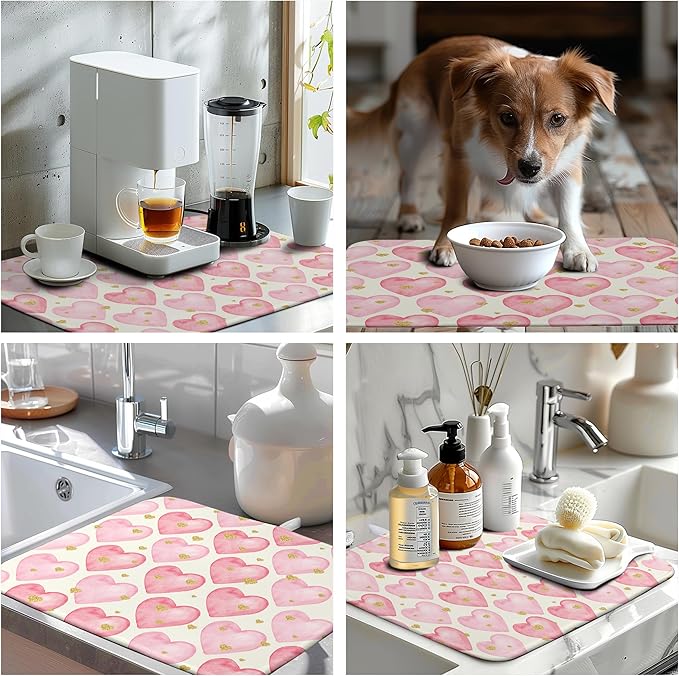 Valentines Dish Drying Mat Valentine Dishes Drying Pad Pink Golden Heart Love Absorbent Dish Dryer Matt for Kitchen Countertops Microfiber 18x24 Inches
