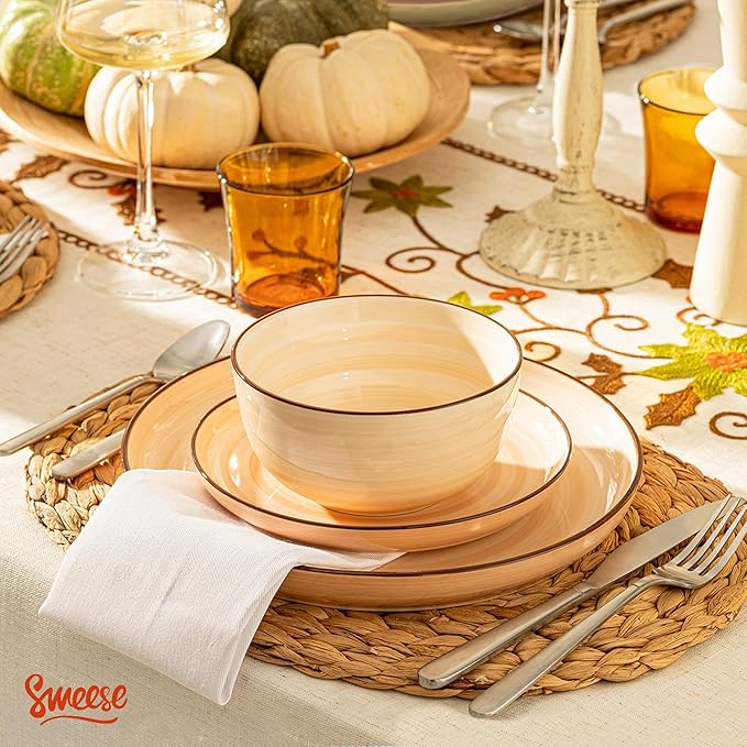 Sweese Plates and Bowls Sets, 18 Piece Dinnerware Set Porcelain Round Dinner Set for 6, Scratch Resistant Dishes Set, Dishwasher and Oven Microwave Safe Handpainted Swirl Dishware Sets, Assorted Green