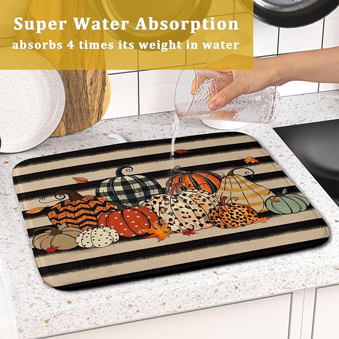Autumn Pumpkin Dish Drying Mats 16x18 In, Fall Leopard Buffalo Plaid Thanksgiving Halloween Absorbent Microfiber Quick Dry Dishes Drainer Rack Mat for Kitchen Counter Decor