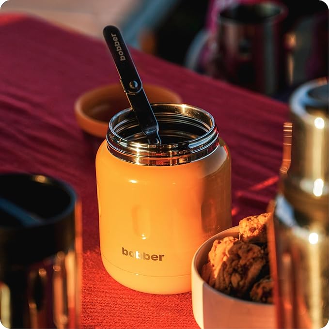 BOBBER 16 oz Insulated Stainless Steel Food Jar with Extra-Wide Mouth, Built-in Spoon & Bowl - Keeps Hot for 10 Hours and Cold for 15 Hours - Leakproof Lunch Thermos for Adults (Orange)