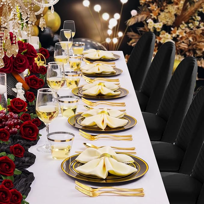 bUCLA 300PCS Black and Gold Disposable Dinnerware Set - 50 Guests Black Plastic Plates with Gold Rim Include 50 Dinner / 50 Dessert Plates, 50 Forks,50 Knives,50 Spoons&50 Cups for Party&Halloween
