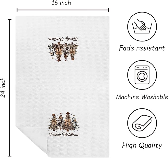 Western Christmas Tree Kitchen Towels, Coquette Bow Cowhide Xmas Tree Dish Tea Towels for Kitchen, Rustic Western Cowgirl Decorative Hand Towel for Bathroom, 16x24 Inch