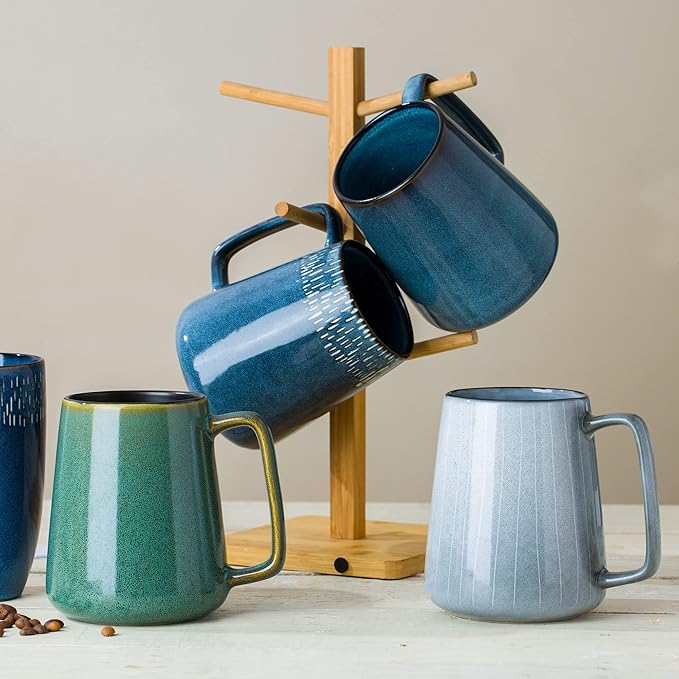 24 OZ Extra Large Ceramic Coffee Mug, with Spoon and Wooden Lid, Big Tea Cups with a Large Handle for Office and Home, Microwave and Dishwasher Safe (24 oz Grey Set)