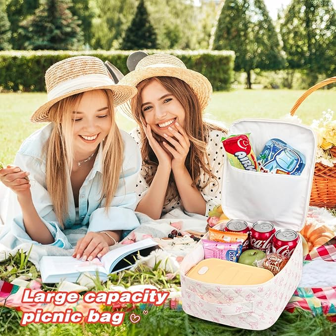 Aileam Lunch Box Lunch Bag for Women Cute Girls Insulated Womens Lunch Bag For Work Quilted Large Capacity Reusable Insulated Cooler for Work School Picnic Travel, Pink Bow