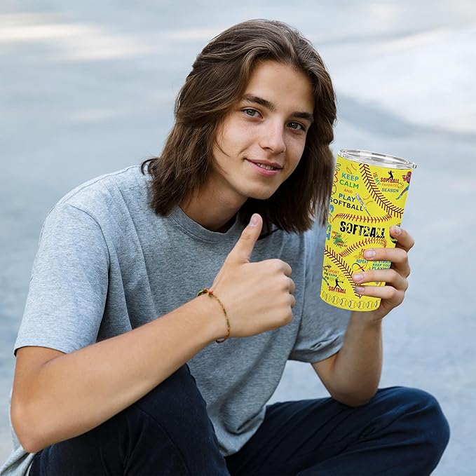 Softball Tumbler Cup With Lid - Lover Birthday Gifts, Stainless Steel Vacuum Coffee Mug for Women Men, 20 Oz