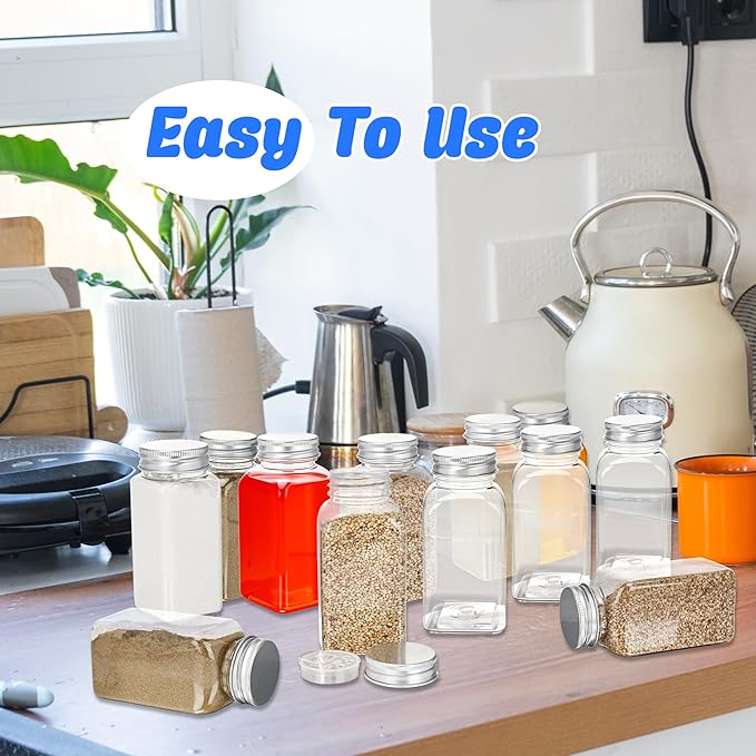 20 Pack 6 oz Plastic Spice Jars with Metal Lids Reusable Salt Pepper Shaker with Lids Clear Empty Square Spice Containers Seasoning Bottles for Kitchen Storage