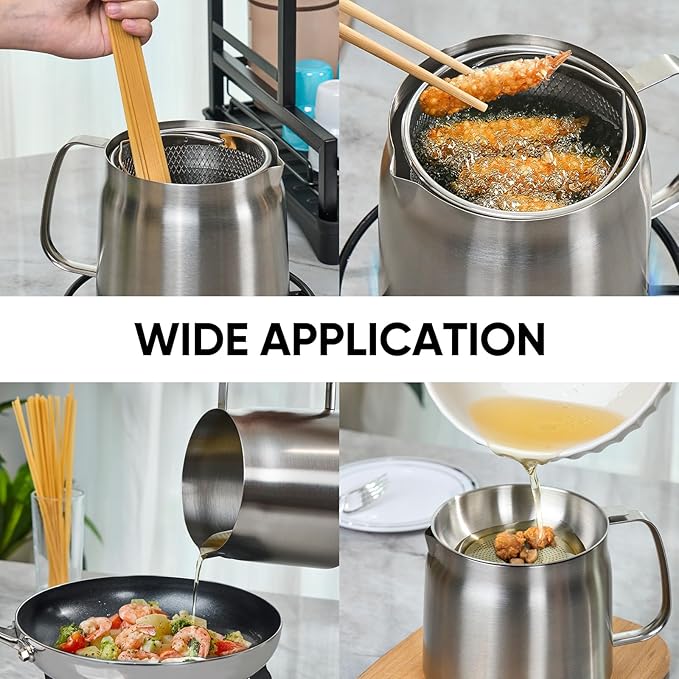 Bacon Grease Container with Strainer, 304 Stainless Steel Grease Container for Kitchen with Dust-proof Lid & Basket, Dishwasher Safe Cooking Oil Container, 68oz/2L