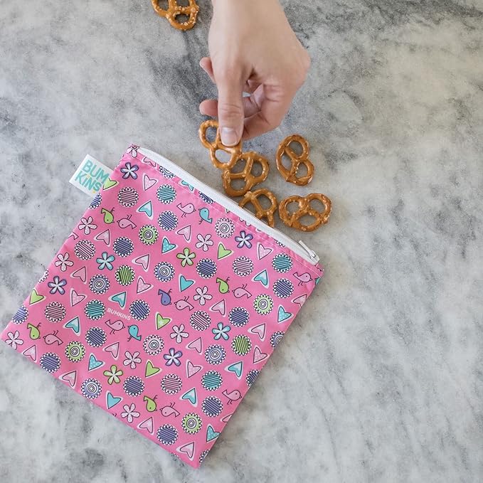 Bumkins Reusable Sandwich and Snack Bags, for Kids School Lunch and for Adults Portion, Washable Fabric, Waterproof Cloth Zip Bag, Travel Pouch, Food-Safe Storage, Large, Love Birds Pink