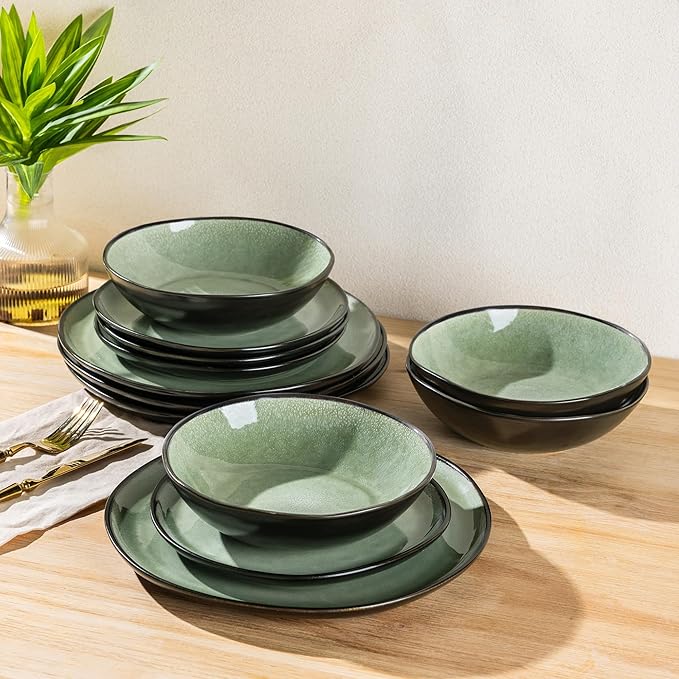 AmorArc Ceramic Dinnerware Sets,Handmade Reactive Glaze Stoneware Plates and Bowls Set,Highly Chip and Crack Resistant | Dishwasher & Microwave Safe Dishes Set,Service for 4 (12pc)