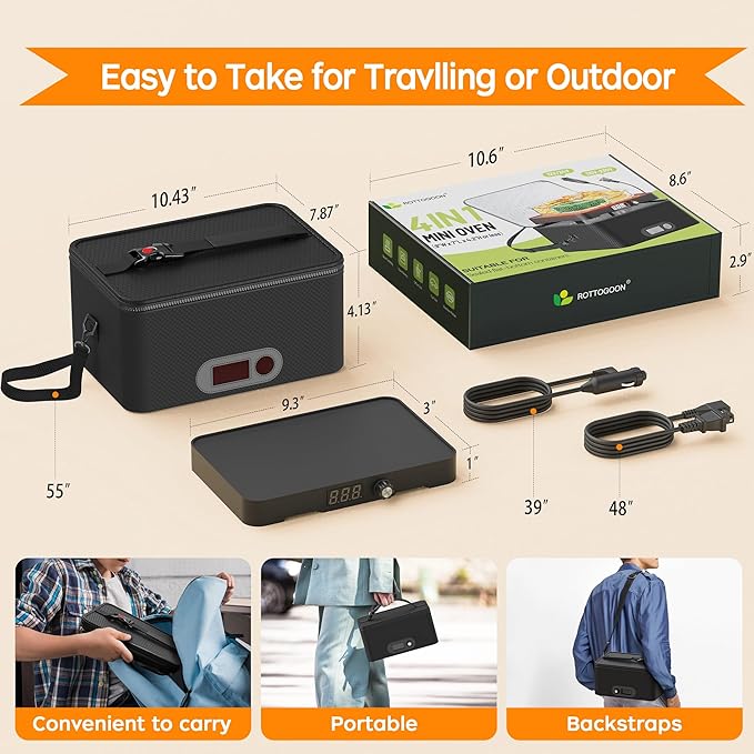 Portable Oven, 12V 24V 110V-240V Car Food Warmer Portable Personal Mini Oven Electric Heated Lunch Box for Meals Reheating & Raw Food Cooking for Road Trip/Camping/Picnic/Family Gathering(Black)