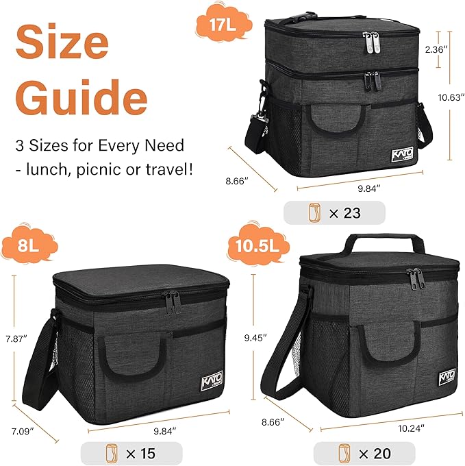 Tirrinia Insulated Lunch Bag for Women Men, Leakproof Lunch Box Containers for Adult, Work, School, Soft Lunchbox for Kids,Boys, Adult Cooler Bag for Picnic Hiking Beach,Black