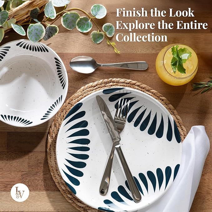 Larder & Vine 12-Piece Melamine Dinnerware Set: Durable, Lightweight, Break-Resistant Plates & Bowls – Stylish, Non-Toxic, Dishwasher Safe – Ideal for Everyday Use, Indoor & Outdoor Dining – Nautical