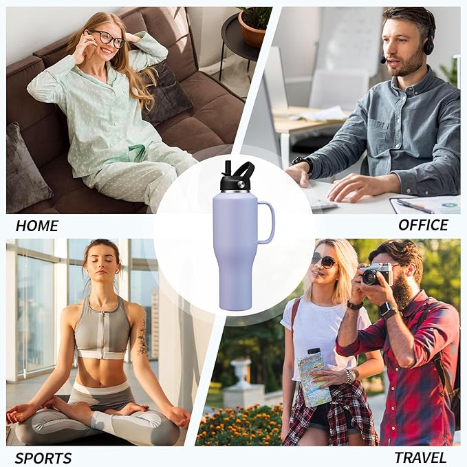 Water Bottle 40oz with Handle Insulated,LeakProof Stainless Steel Tumbler with Lid and Straw, Thermal Cups w/Carrier Pouch with Strap & Protective Boot, Thermo Coffee Flask Fit in Cup Holder