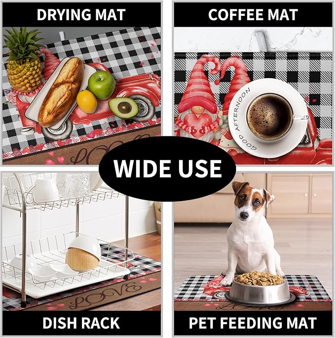 Valentine's Day Dish Drying Mats for Kitchen Counter, Buffalo Plaid Truck Kitchen Drying Mat, Love Heart Gnome Absorbent Dishes Pad 18 x 24 Inch - Farmhouse Decor Valentines Gift