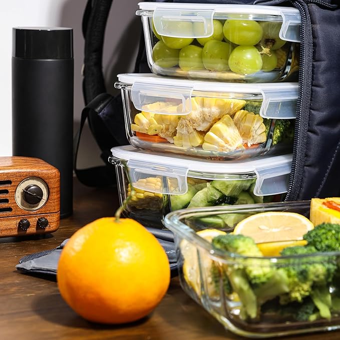 5-Pack Glass Storage Containers,Glass Food Container with Lid,Lunch Box,Bento Box,Storage Box,Meal Prep Containers,Lunch Containers, Fruit Preservation Boxes,Three-partition-White