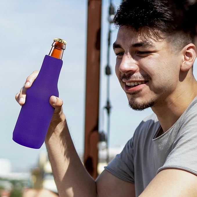 10 Neoprene Zippered Beer Bottle Coolies Pack - Sharkskin Rubber Bottom - Purple