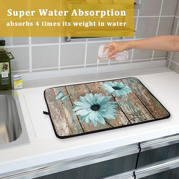 Rustic Daisy Dish Drying Mat for Kitchen Countertop 18x24 inch Teal Sunflowers on Wooden Board Dish Drainer Mats Fast Drying Country Vintage Style Shabby Chic Flower Dish Drying Pad Decor Large