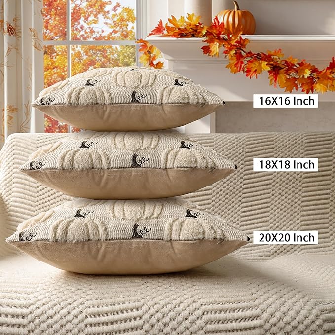 4TH Emotion Fall Pumpkin Decorative Pillow Covers 16x16 Set of 2, Beige Soft Plush Faux Fur Wool Farmhouse Throw Cushion Cases for Autumn Thanksgiving Holiday Home Decorations