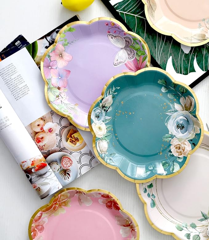 Winoo Design Floral Paper Plates - 48 PK - 9 Inch Flower Party Plates Floral Disposable Plates for Tea Party Baby Shower Brial Shower Birthday Wedding