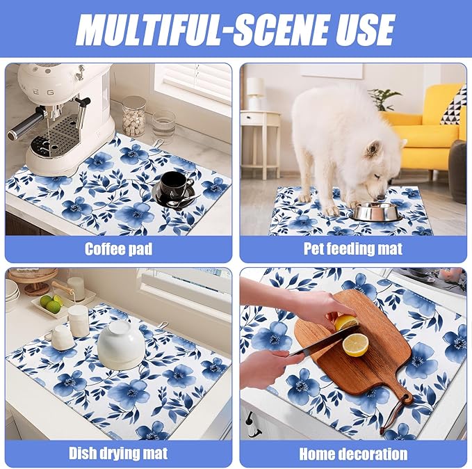 Blue Floral Dish Drying Mat for Kitchen Counter Flower Leaves Drying Pad Absorbent Reversible Dish Drainer Rack Mats Draining Pad 18"x24"Inch