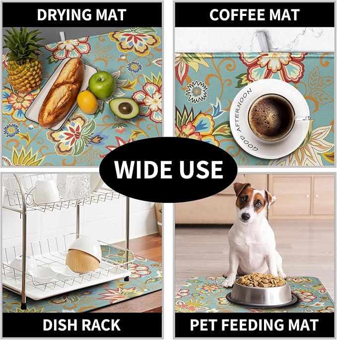 Boho Floral Kitchen Dish Drying Mat for Dishes 18x24 Inch Vintage Mandala Colorful Flowers Drying Mat Green Bohemian Dish Drainer Mat Super Absorbent Dish Rack Pad for Coffee Bar Sinks