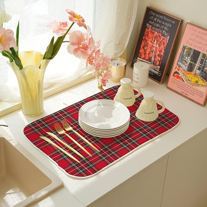Christmas Dish Drying Mat 18 x 24 inch Red Buffalo Plaid Decorative Drying Mats Microfiber Absorbent Xmas Holiday Dish Washable Draining Mat for Kitchen Counter Decor