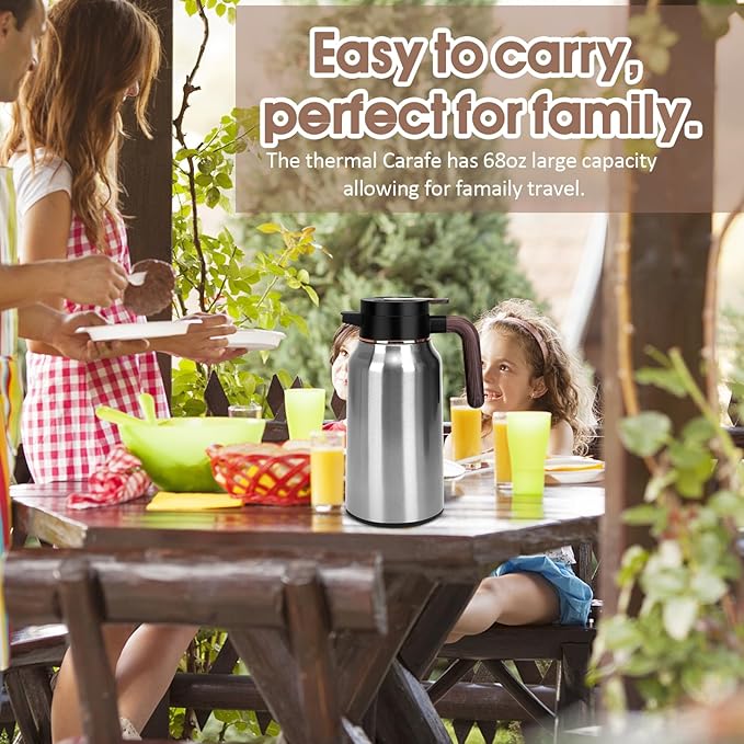 68oz Thermal Coffee Carafe, Stainless Steel Carafes for Hot Liquids 24 Hours, Insulated Coffee Carafes For Keeping Hot Coffee, Hot Water, Tea, Hot Beverage (2 Pack Silver)