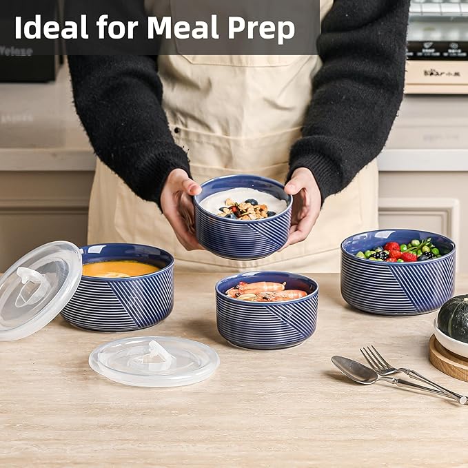 Ceramic Nesting Bowls with Lid: Microwave Safe Food Storage Containers for Work Lunch Picnic Camping Meal Prep Soup Salad Cereal Leftovers - 5 & 6 Inch, 20 & 32 oz, Set of 4, Navy