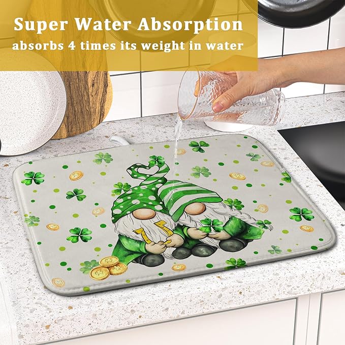 St Patrick's Day Gnome Dish Drying Mat 16x18 inch Lucky Shamrock Absorbent Reversible Dishes Drainer Rack Mat for Coffee Bar Kitchen Decor