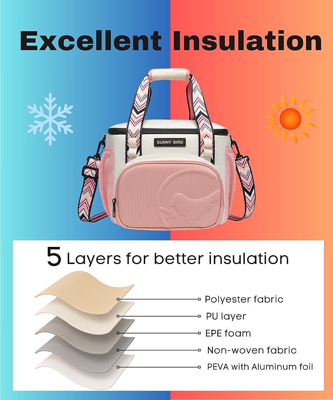 SUNNY BIRD 12L Large Insulated Lunch Bag, Leakproof and Foldable Lunch Cooler Box for Women Adult and Men, Fits 18 Cans (White and pink)