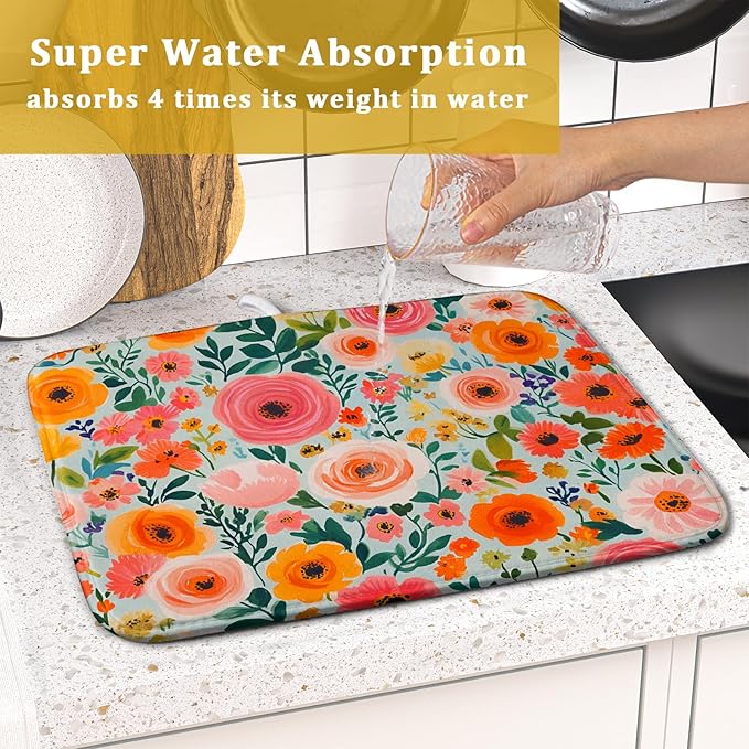 Spiral Flower Dish Drying Pad - Spring Bold Floral Printd Kitchen Countertop Cloth Pad for Home Decorative
