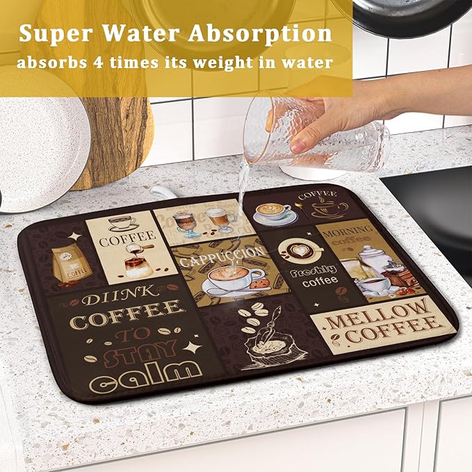Brown Coffee Dish Drying Mat 16x18 Inch Coffee Cup Espresso Machine Pad Absorbent Washable Dish Rack Pad for Kitchen Counter Cafe Bar