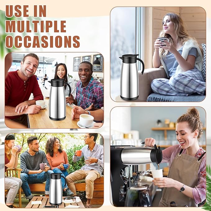 Uiifan 2 Pcs Thermal Coffee Carafe Insulated Stainless Steel Coffee Carafes for Keeping Hot and Cold Double Walled Vacuum Thermal Pot Flask with Brush for Water Milk Tea Home and Office (Silver,51oz)
