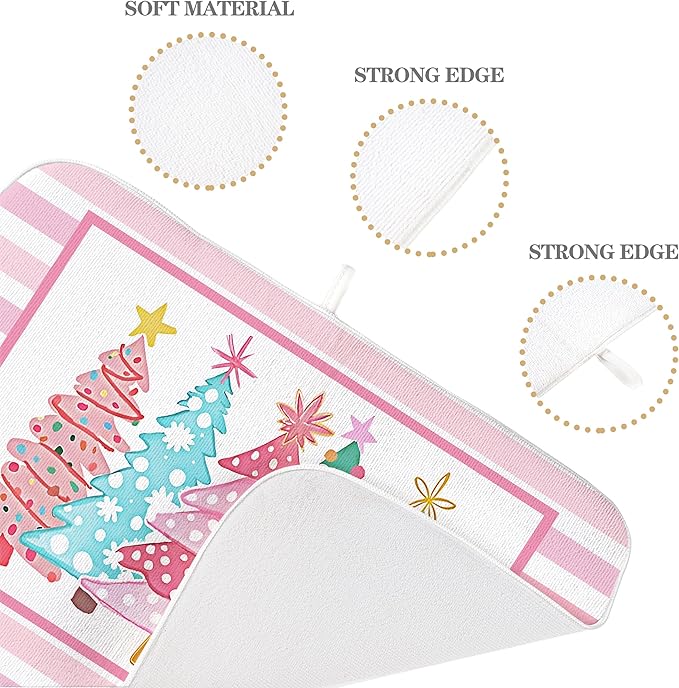 Christmas Dish Drying Mats 18x24 Inch Stripes Watercolor Pink Christmas Trees Star Drying Mats Xmas Winter Holiday Kitchen Decor Absorbent Drying Dish Pad for Kitchen Dining Room Counter