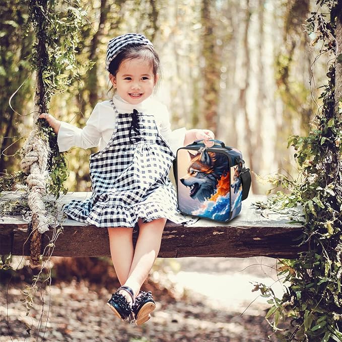 Wolf Lunch Bag for Kids, Colorful Ocean Wave Art Animal Wolf Boys Lunch Box, Reusable Insulated Waterproof Lunch Box with Adjustable Shoulder Strap Thermal Cooler Tote Bag for School Daycare Picnic