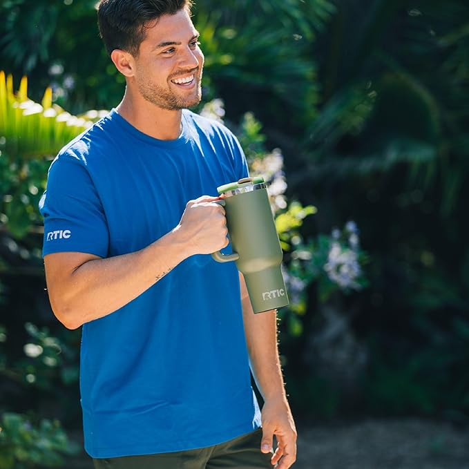 RTIC 30 oz Road Trip Tumbler Double-Walled Ceramic Lined InsulatedStainless Steel Portable Travel Coffee Mug Cup with Lid, Handle and Straw, Deep Woods