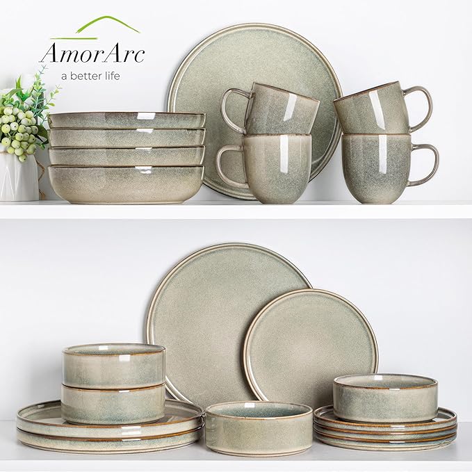 AmorArc Ceramic Dinnerware Sets, Handmade Reactive Glaze Stoneware Plates and Bowls Sets,Highly Chip and Crack Resistant | Dishwasher & Microwave Safe Dishes Set, Service for 8 (24pc)