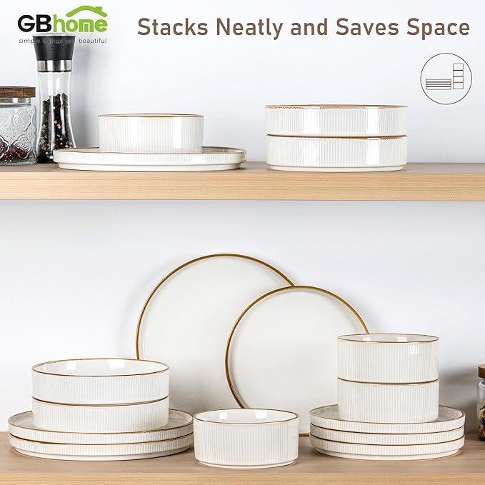 GBHOME Stoneware Dinnerware Sets for 4,Round Reactive Glaze Ceramic Plates and Bowls Set,Highly Scratch Resistant | Dishwasher & Microwave Safe Dishes Set,Service for 4(12Pcs)