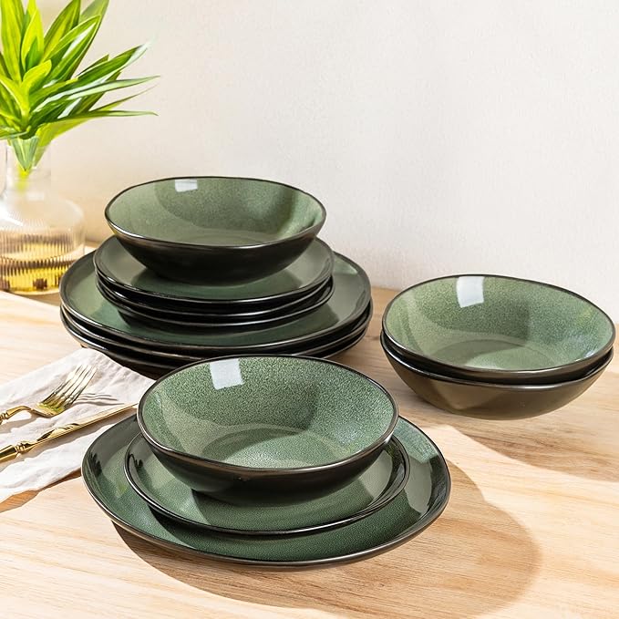 AmorArc Ceramic Dinnerware Sets,Handmade Reactive Glaze Stoneware Plates and Bowls Set,Highly Chip and Crack Resistant | Dishwasher & Microwave Safe Dishes Set,Service for 4 (12pc)