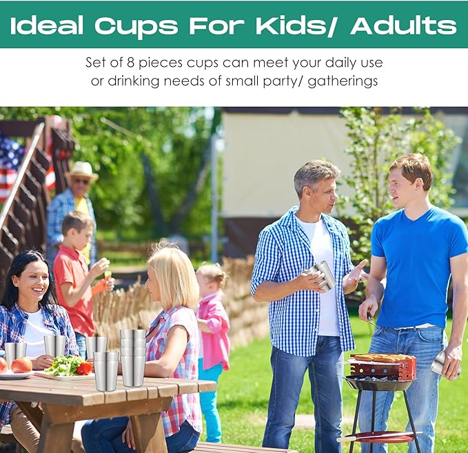 8 Pack Stainless Steel Insulated Cup Metal Tumbler Double Wall Vacuum Water Glasses Camping Reusable Mugs Bbq Home Office Party Coffee (8.8 oz)